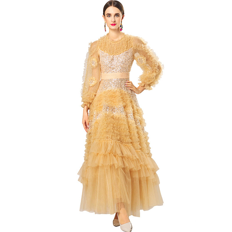Champagne Tulle Sequin Long Prom Dress