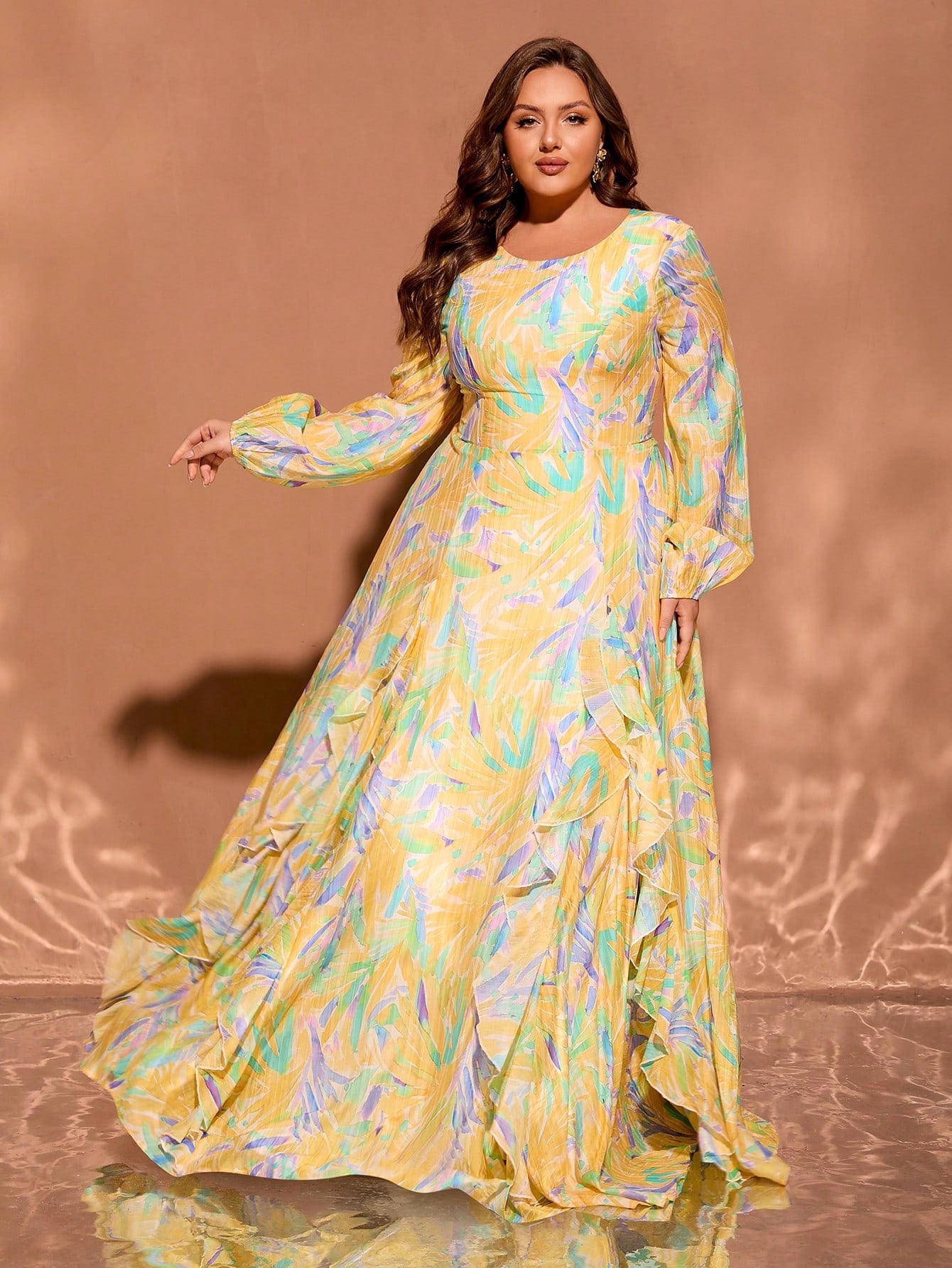 Yellow Round Neck Long Sleeve Plus Size Formal Dress