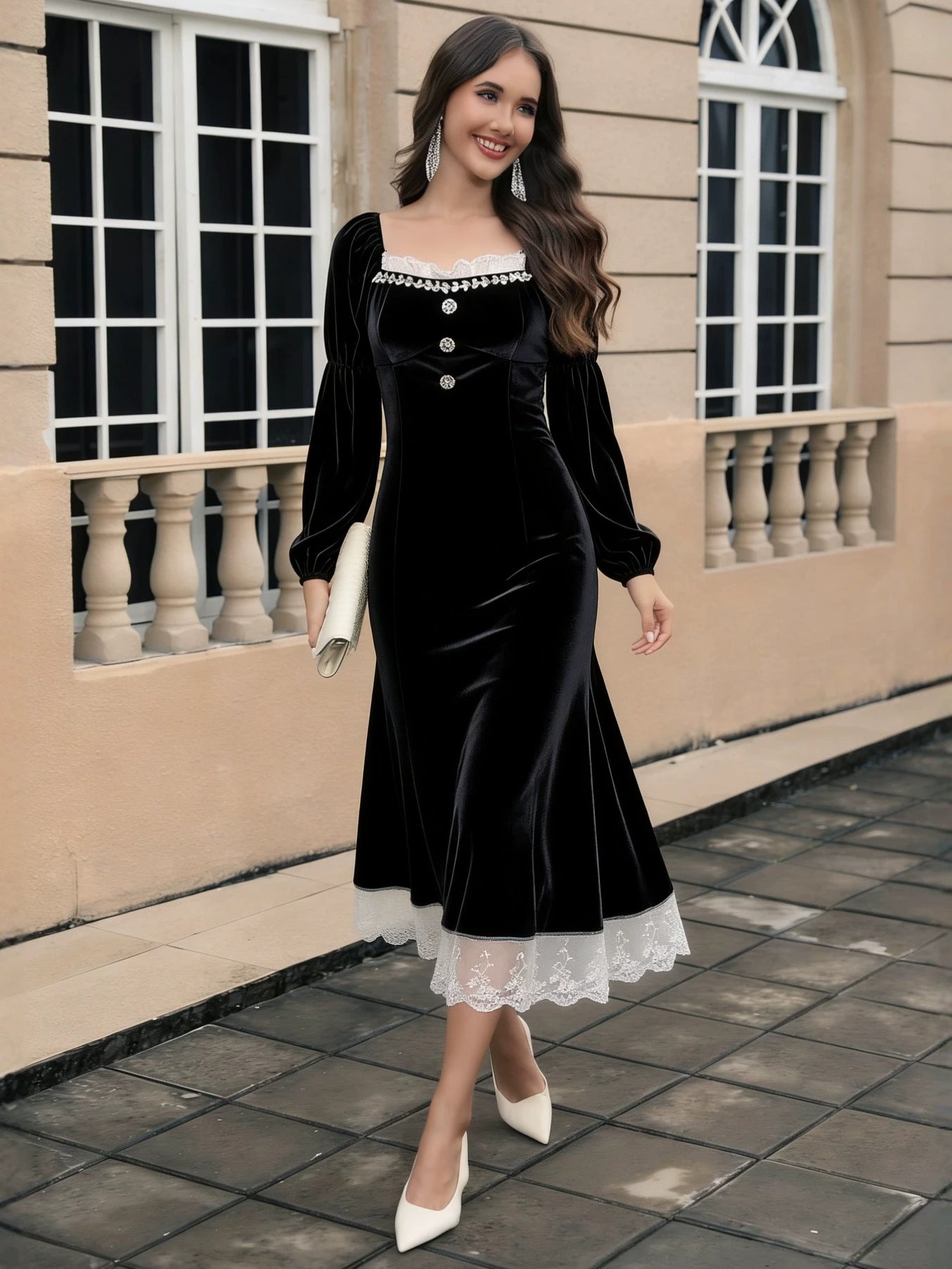 Black Velvet Long Sleeve Long Prom Dress