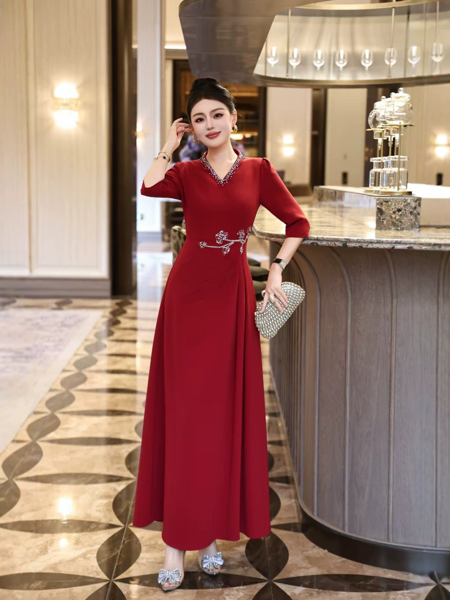 Red V-Neck Beaded Long Prom Dress
