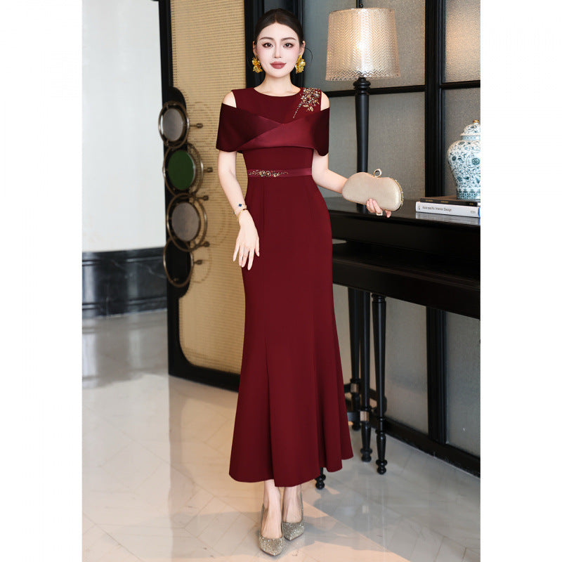 Burgundy Rhinestone Long Prom Dress
