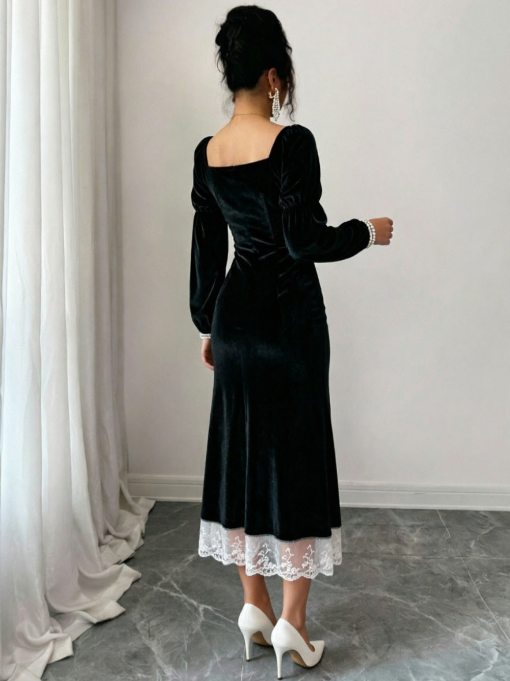 Black Velvet Long Sleeve Long Prom Dress