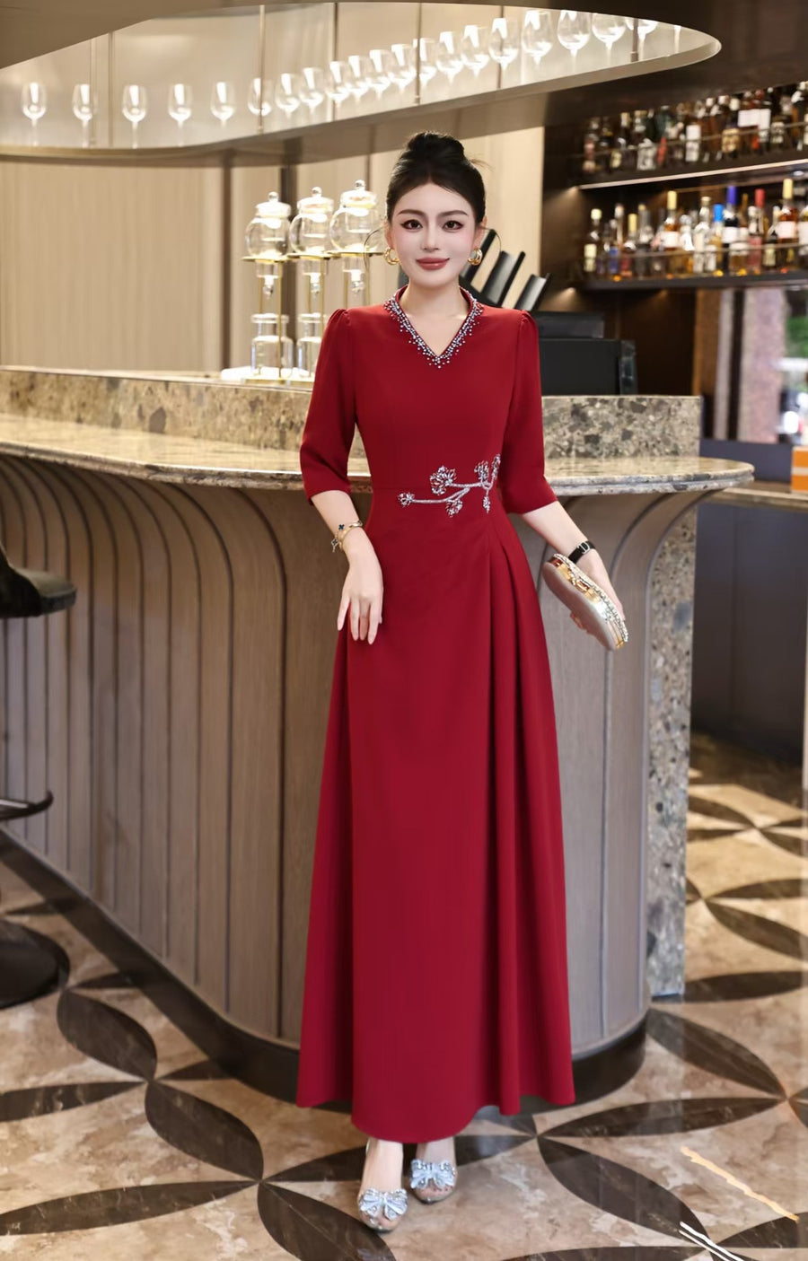 Red V-Neck Beaded Long Prom Dress