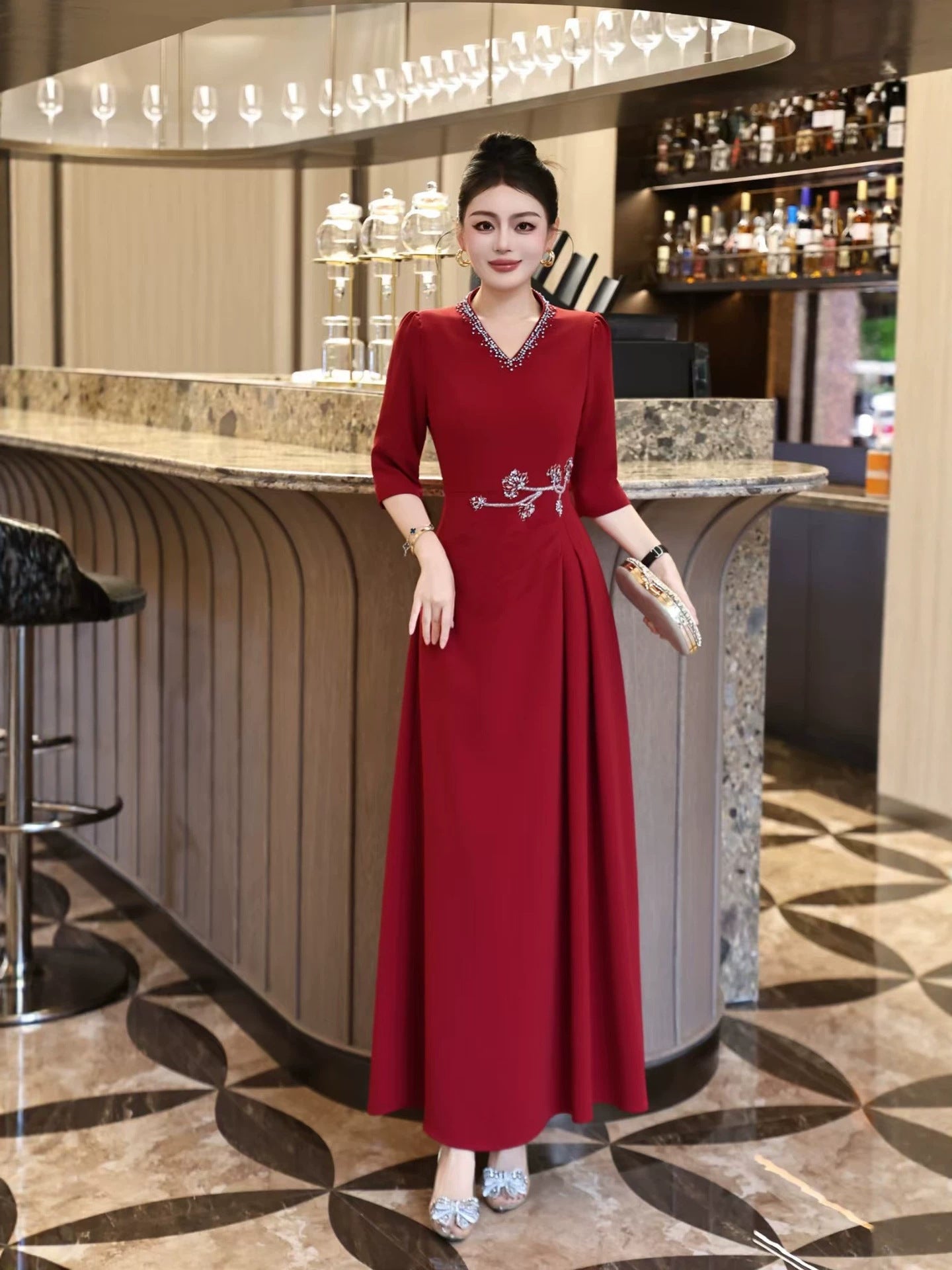 Red V-Neck Beaded Long Prom Dress