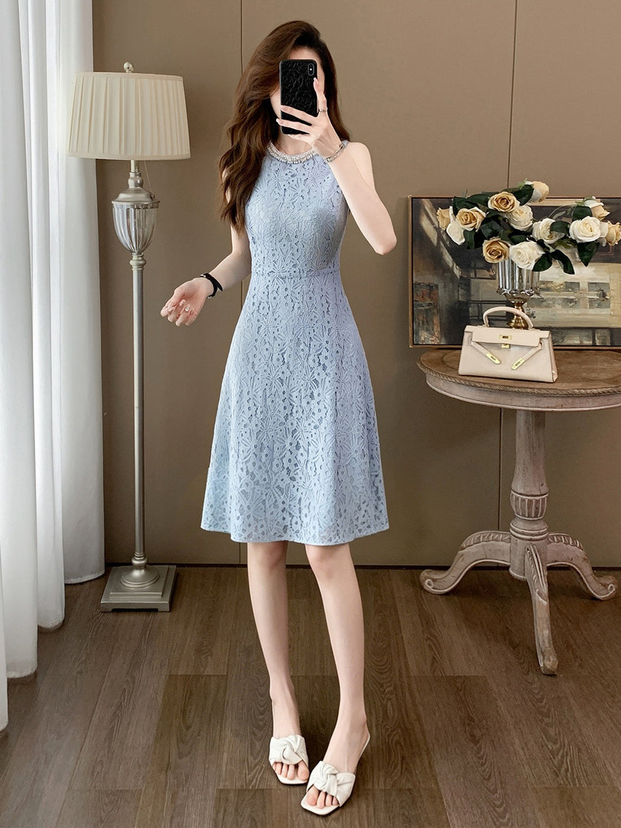 Blue Lace Sleeveless Short Homecoming Dress
