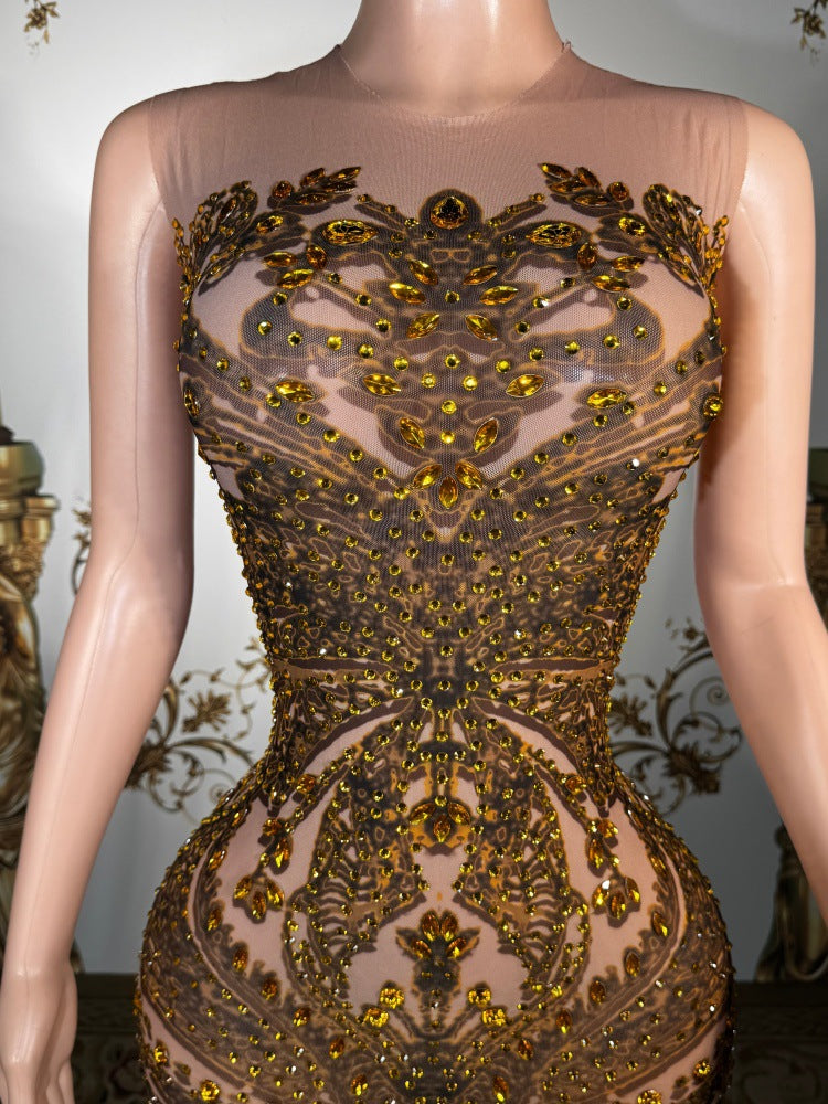 Caramel Rhinestone Mermaid Wedding Guest Dress