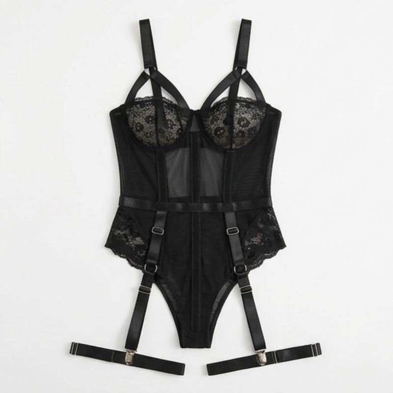 Black Lace Corset Lingerie Set