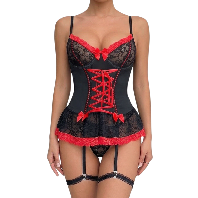 Black White Lace Corset Lingerie Set