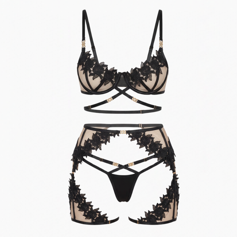 Black Lace Floral Lingerie Set