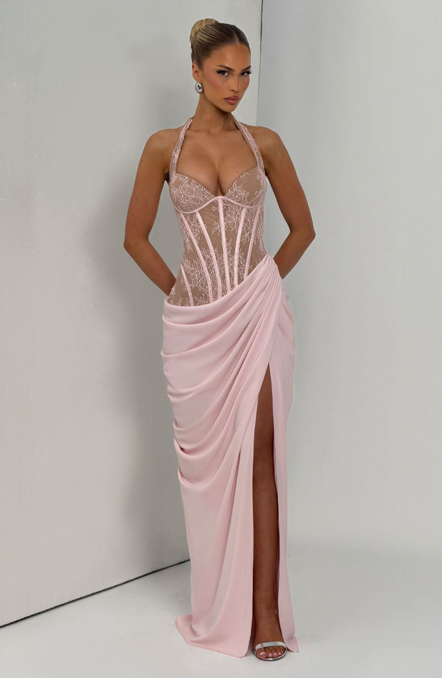 Burgundy Lace Halter Long Prom Dress