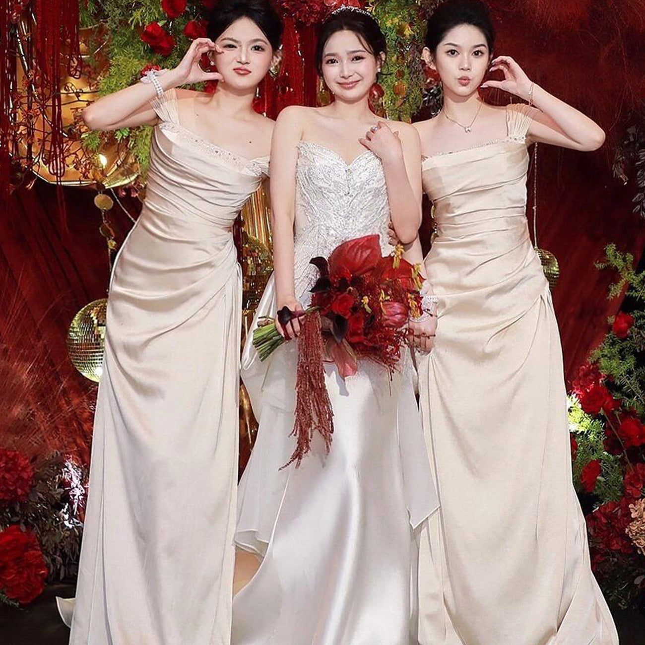 Maxi Champagne Satin Bridesmaid Dress
