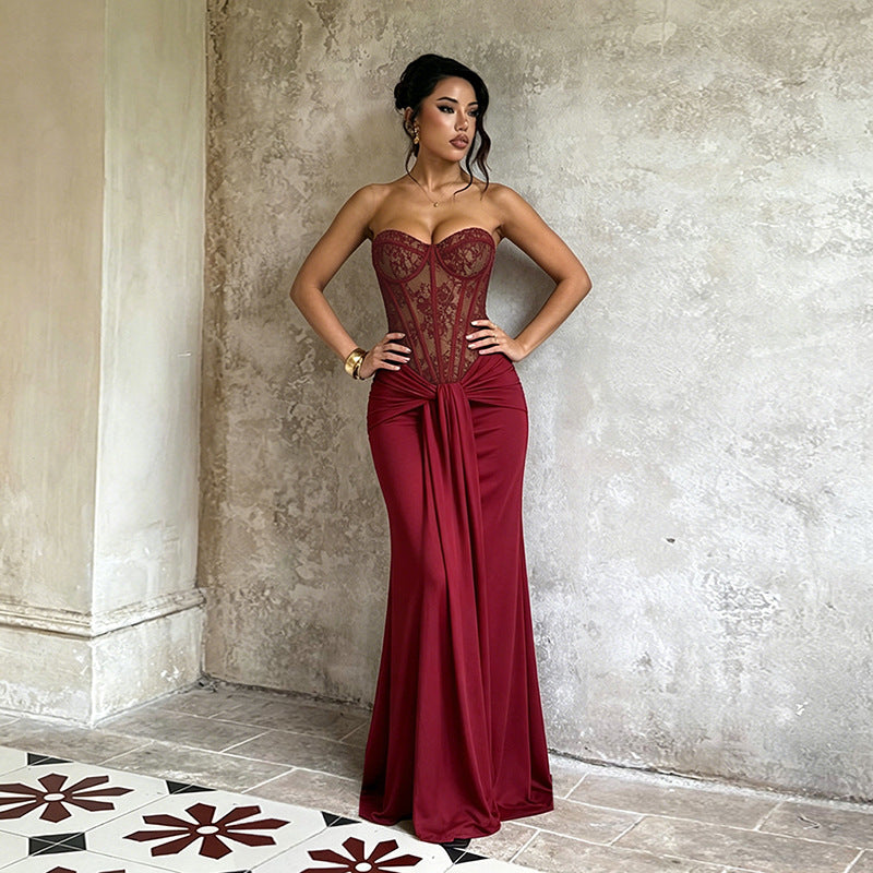 Burgundy Lace Strapless Long Prom Dress