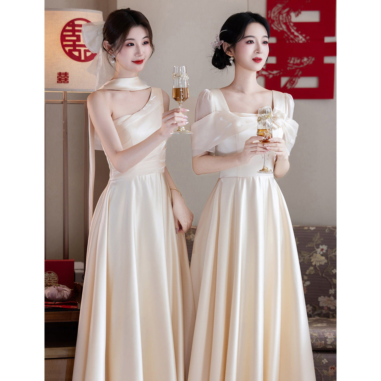 Champagne Maxi Satin Bridesmaid Dress