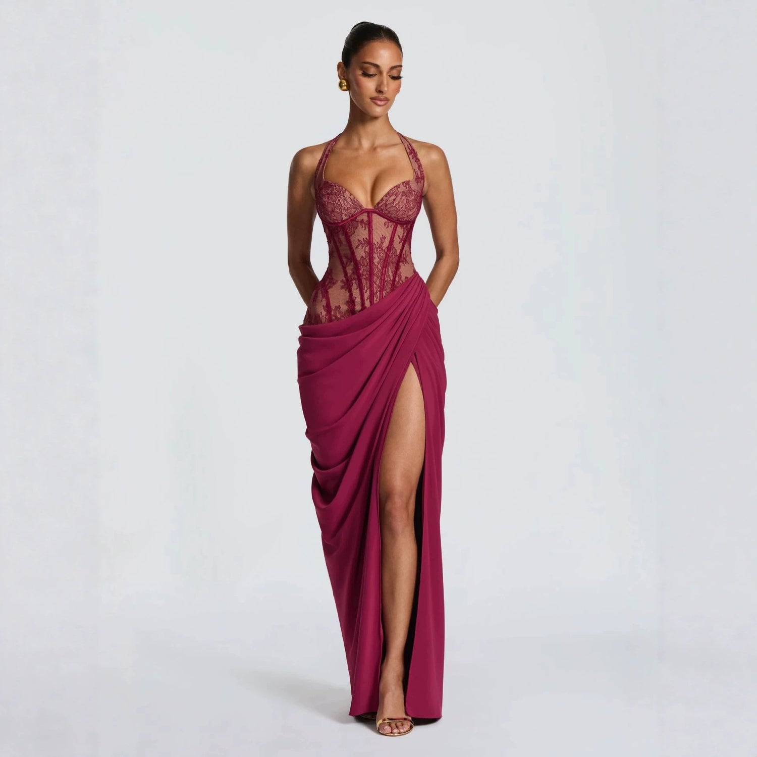 Burgundy Lace Halter Long Prom Dress