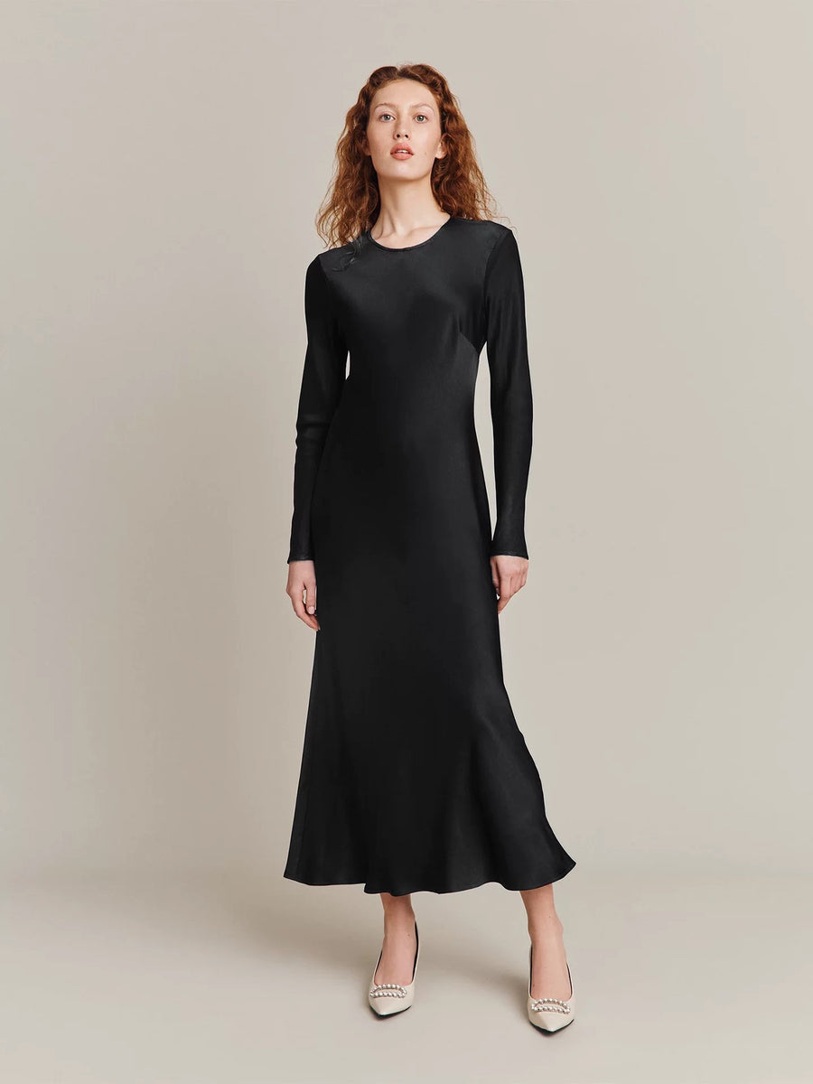 Black Satin Long Sleeve Graduation Dress
