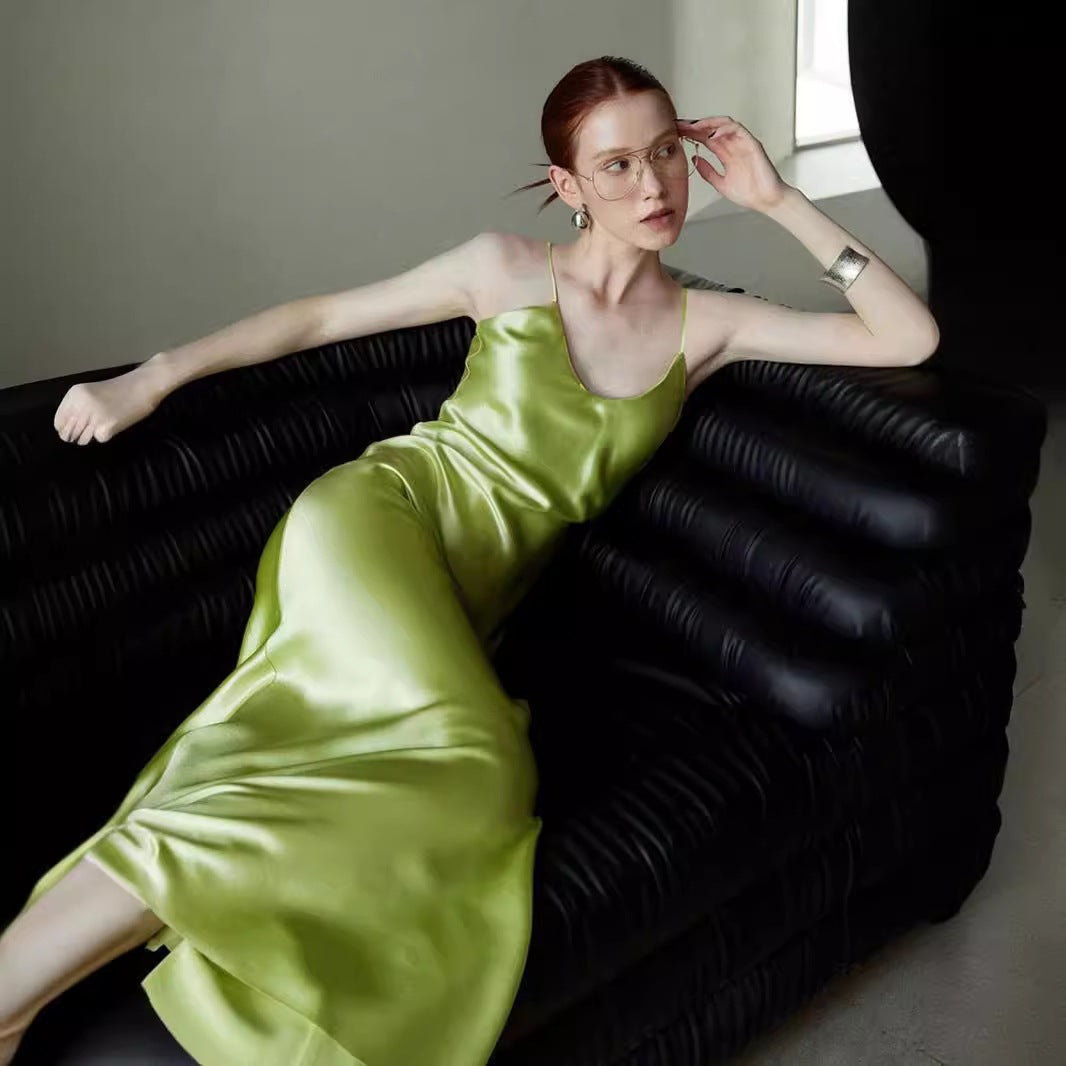 Black Satin Spaghetti Strap Wedding Guest Dress