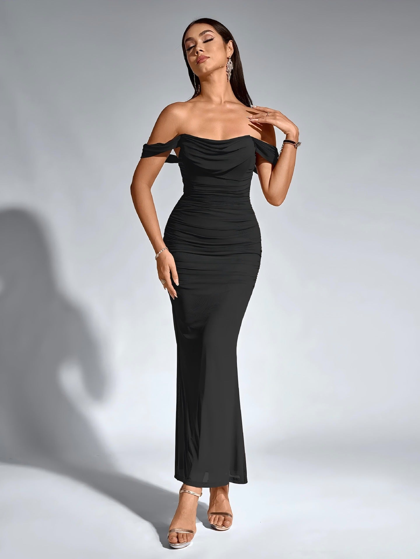 Black Corset Ruched Wedding Guest Dress
