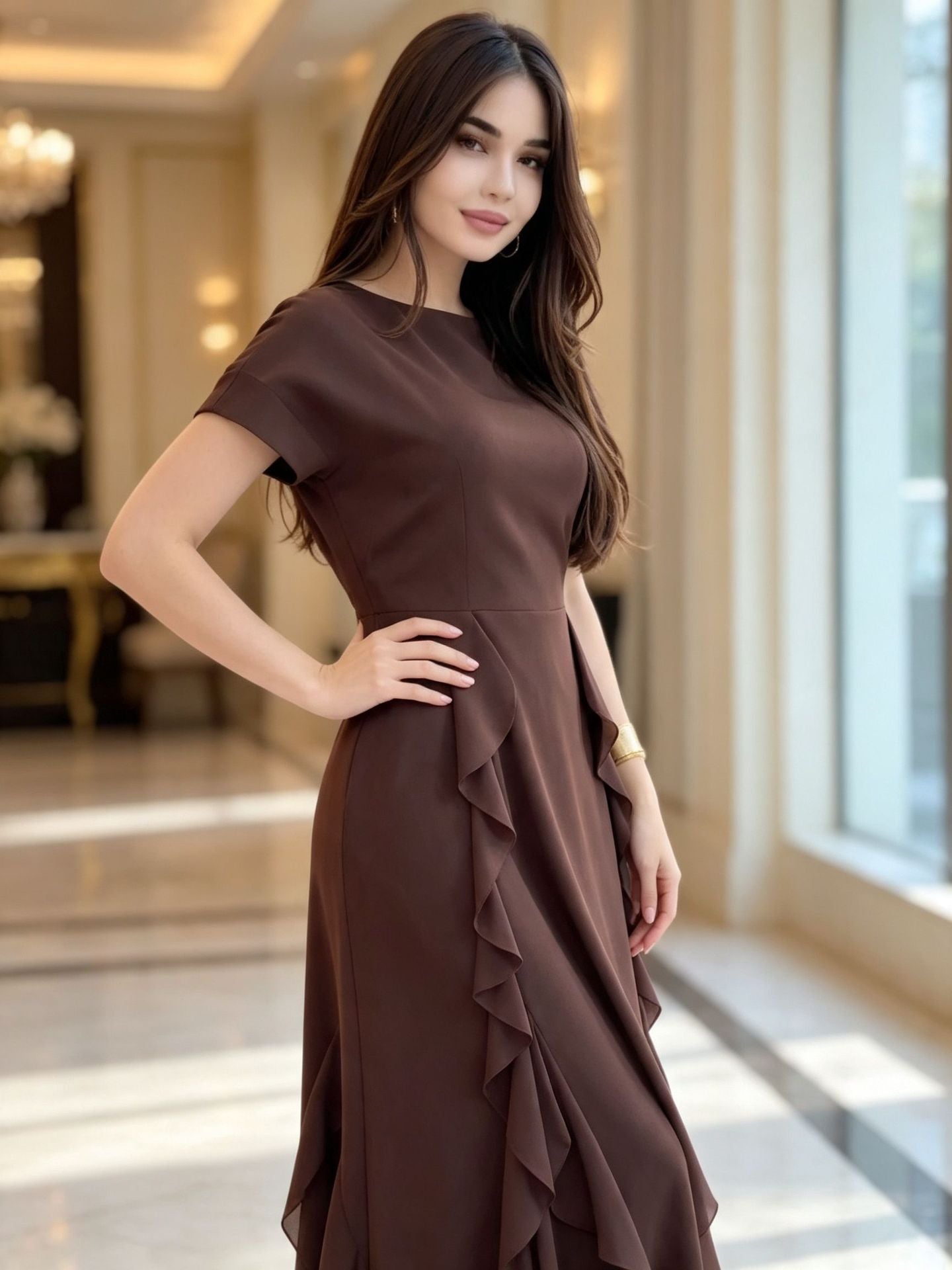 Mocha Empire Waist Wedding Guest Dress