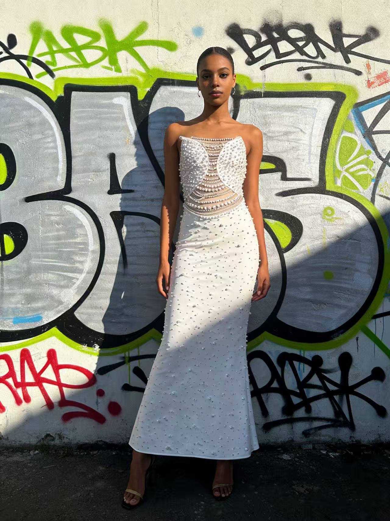 White Strapless Beaded Long Prom Dress