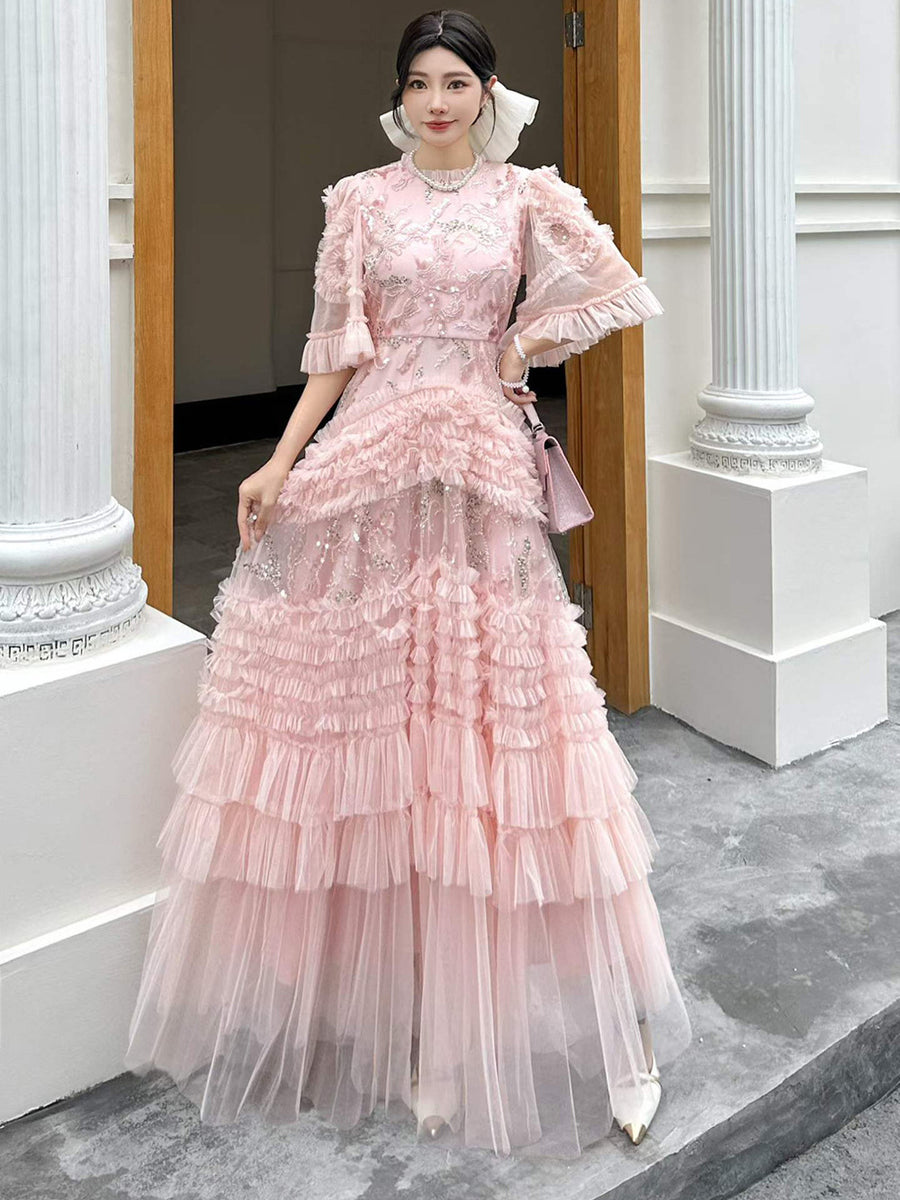 Pink Tulle Sequin Long Prom Dress