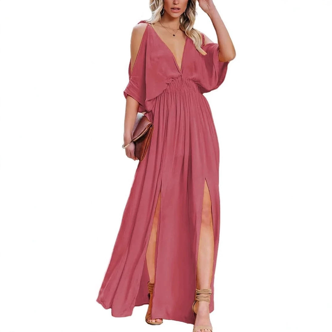 Off-Shoulder V-Neck Wedding Guest Dress
