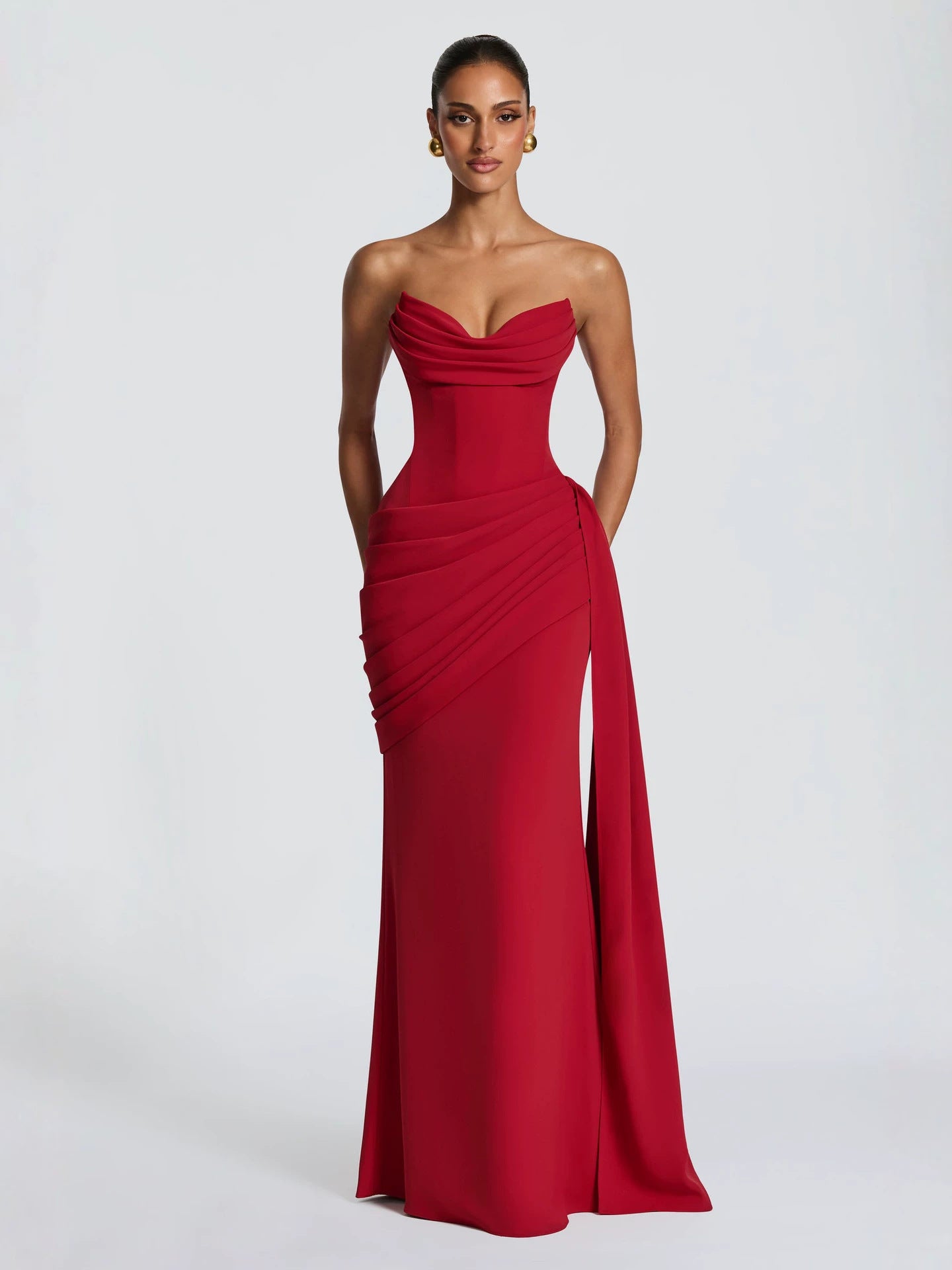 White Strapless Ruched Long Prom Dress