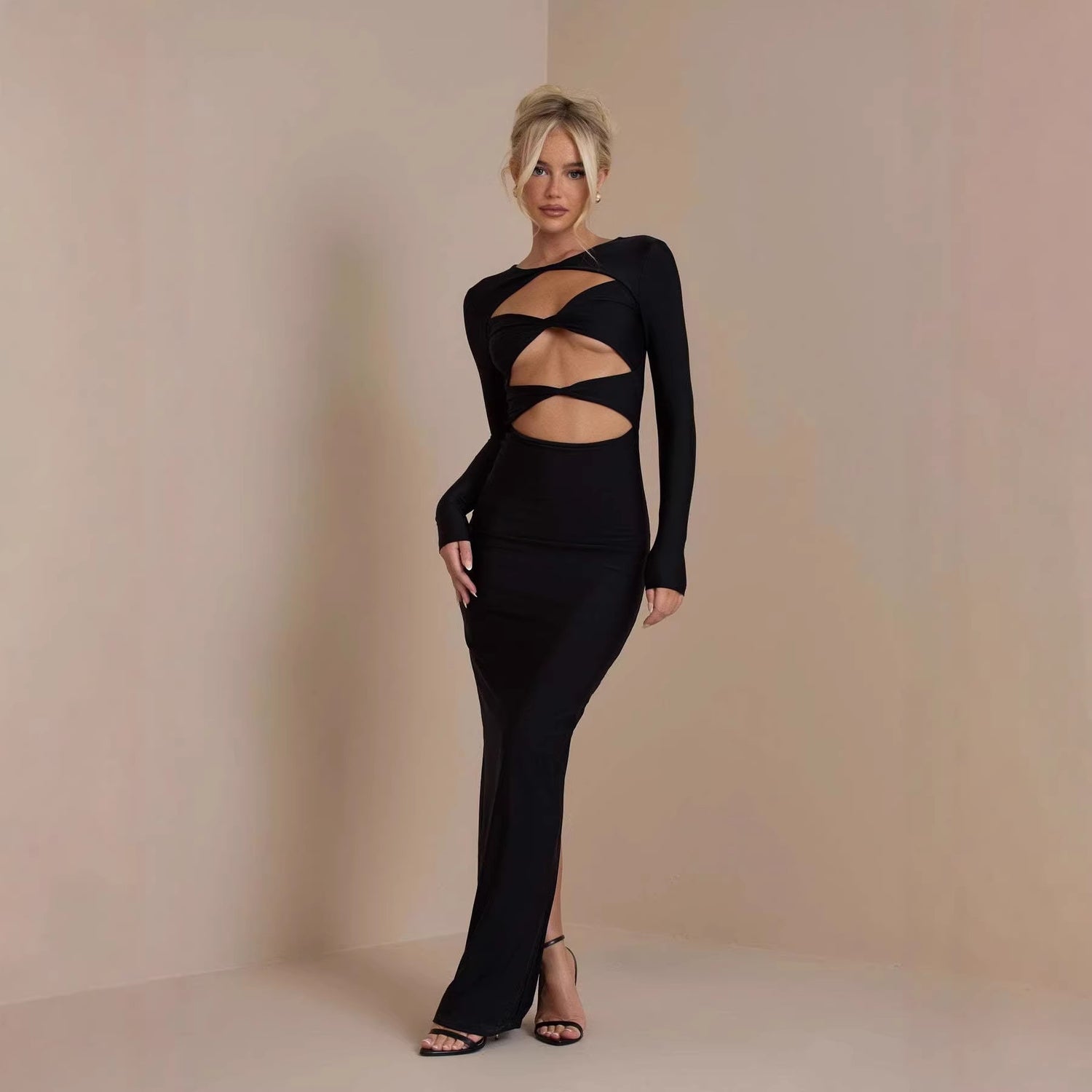 Black Long Sleeve Slit Long Prom Dress