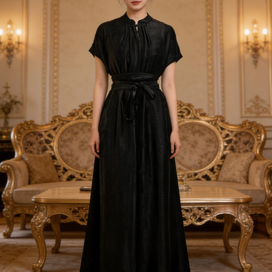 Black Satin Jacquard Plus Size Formal Dress
