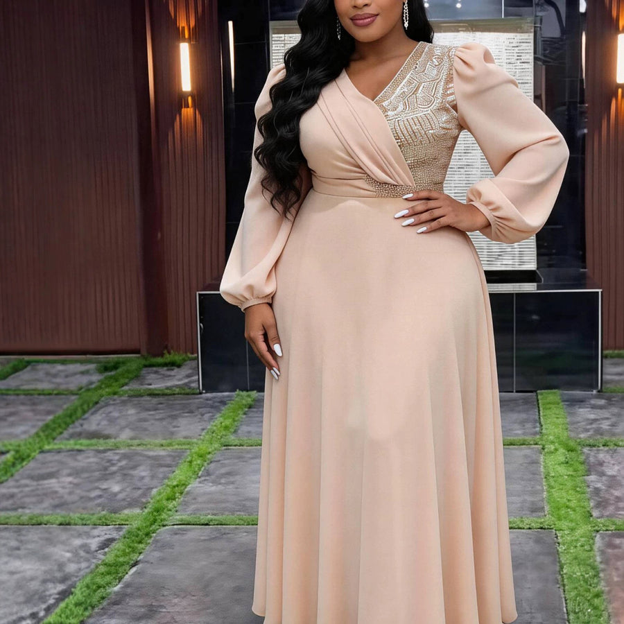 Champagne V-Neck Long Sleeve Plus Size Formal Dress