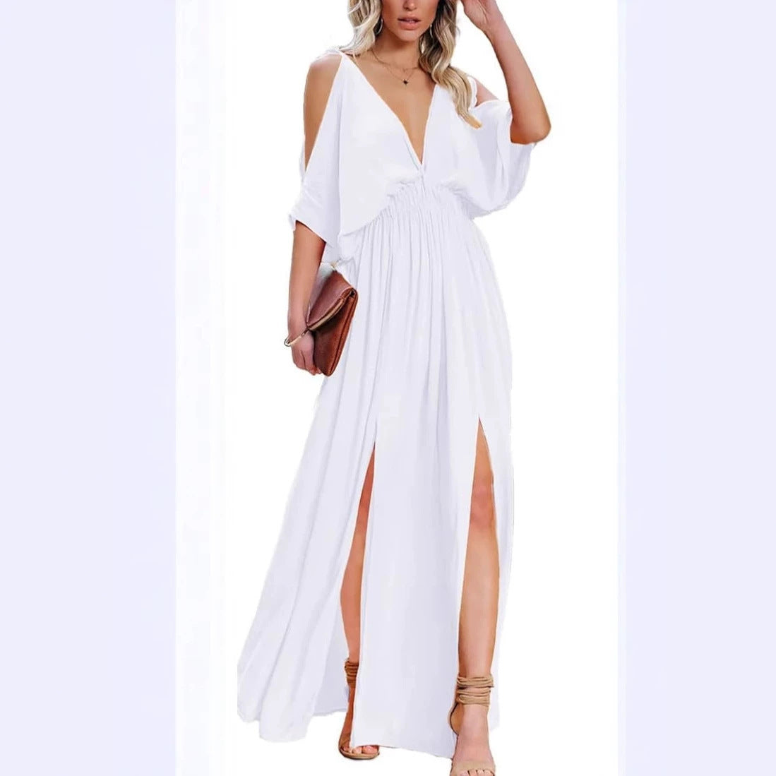 Off-Shoulder V-Neck Wedding Guest Dress