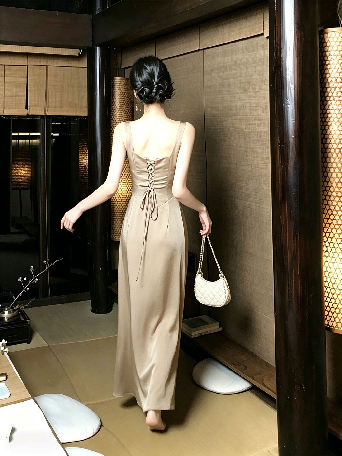 Champagne Satin Sleeveless Graduation Dress