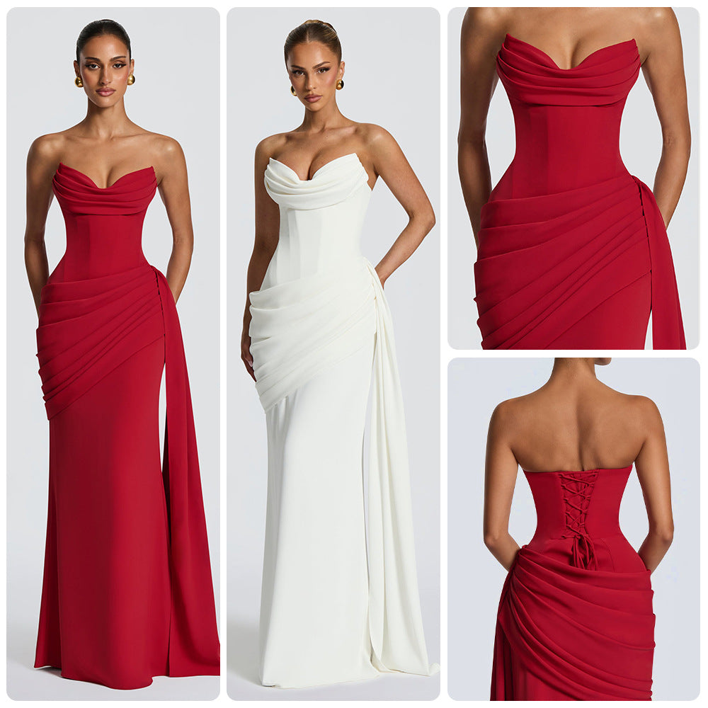 White Strapless Ruched Long Prom Dress