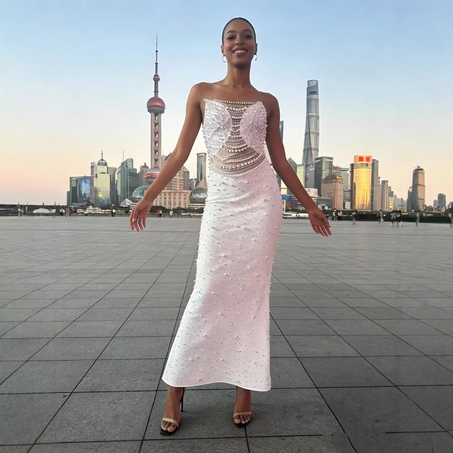 White Strapless Beaded Long Prom Dress