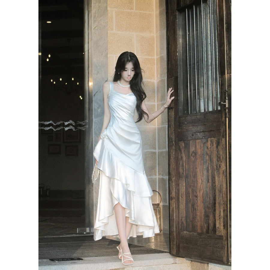White Satin Spaghetti Strap Mermaid Graduation Dress
