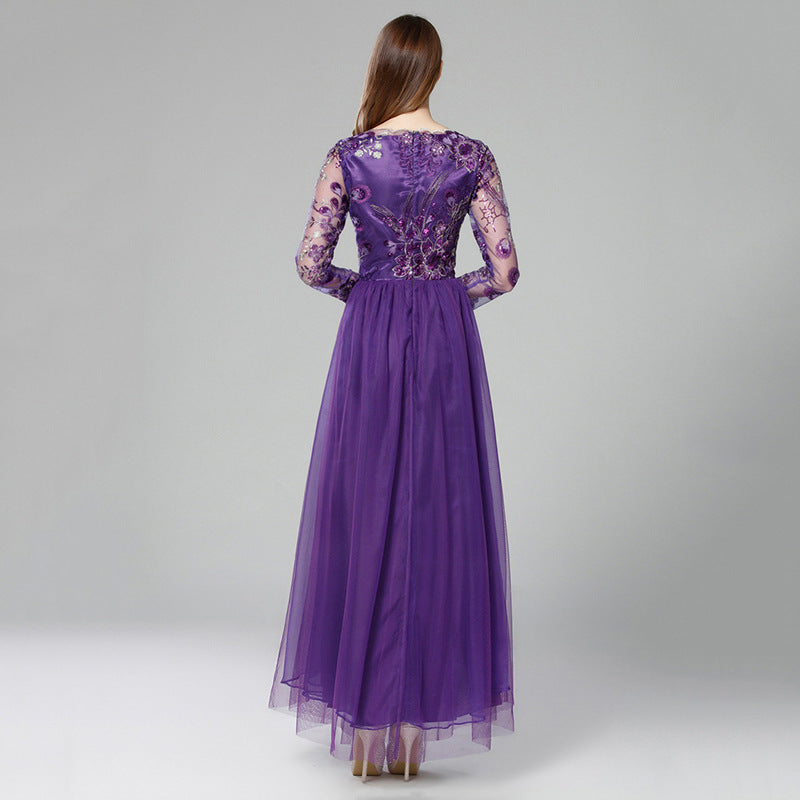 Purple Tulle Long Sleeve Long Prom Dress