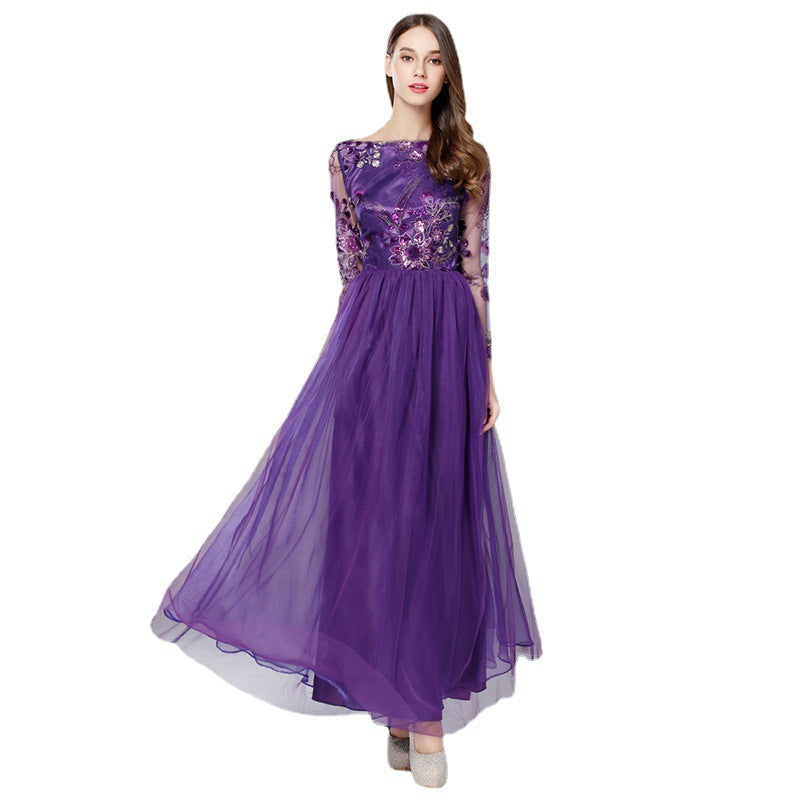 Purple Tulle Long Sleeve Long Prom Dress