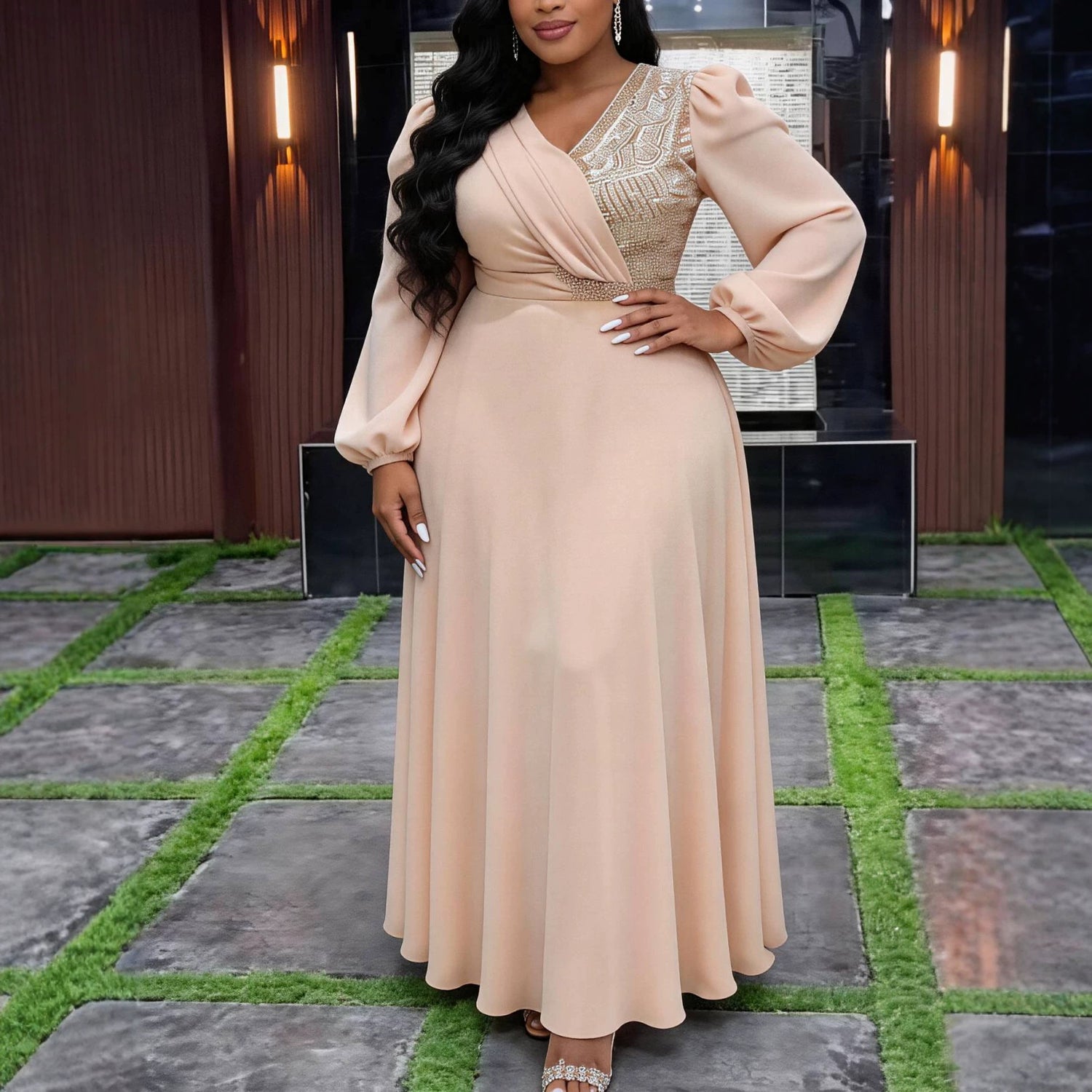 Champagne V-Neck Long Sleeve Plus Size Formal Dress