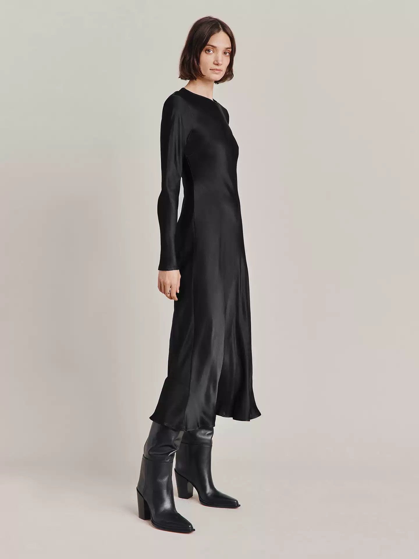 Black Satin Long Sleeve Graduation Dress