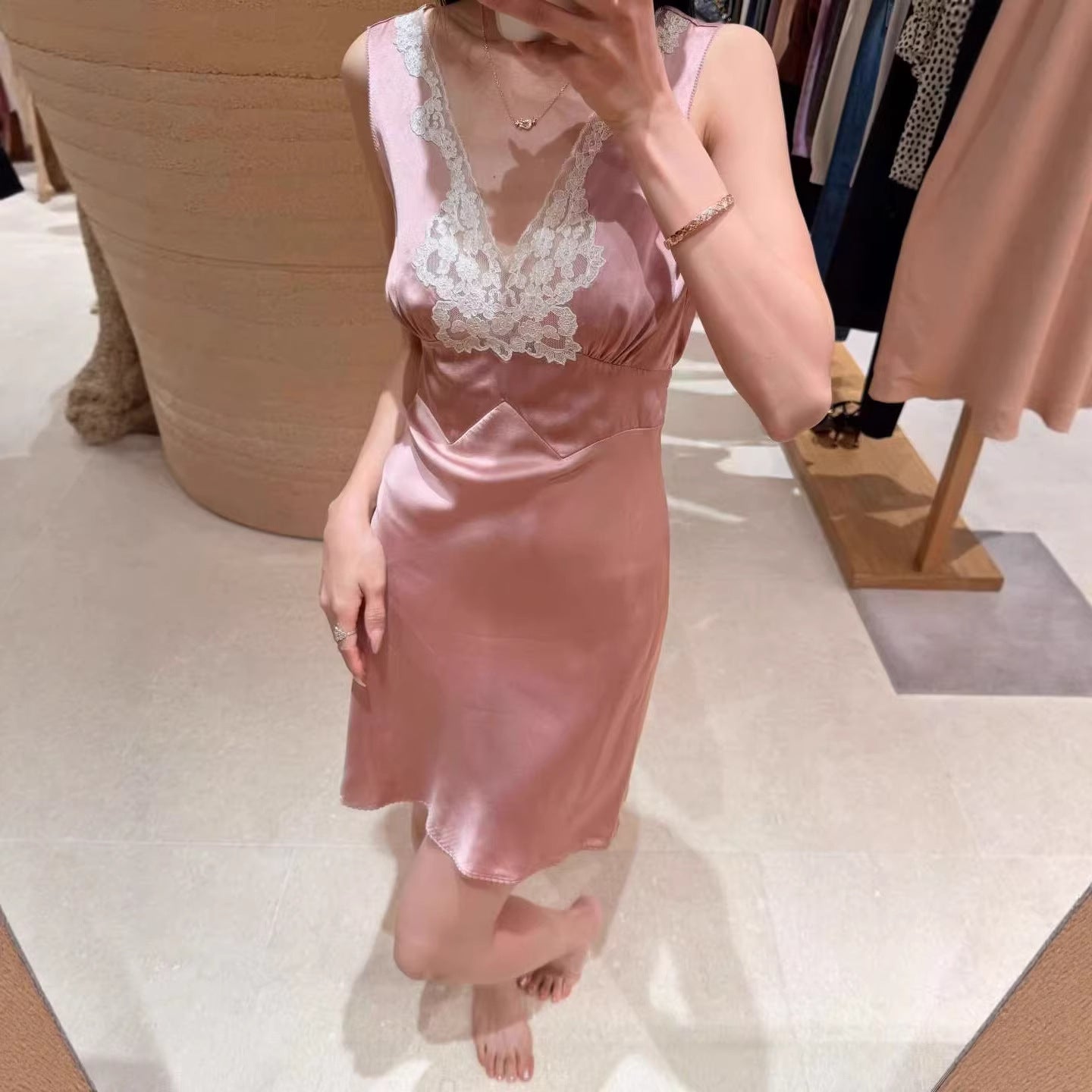 Pink Satin Lace Wedding Guest Dress