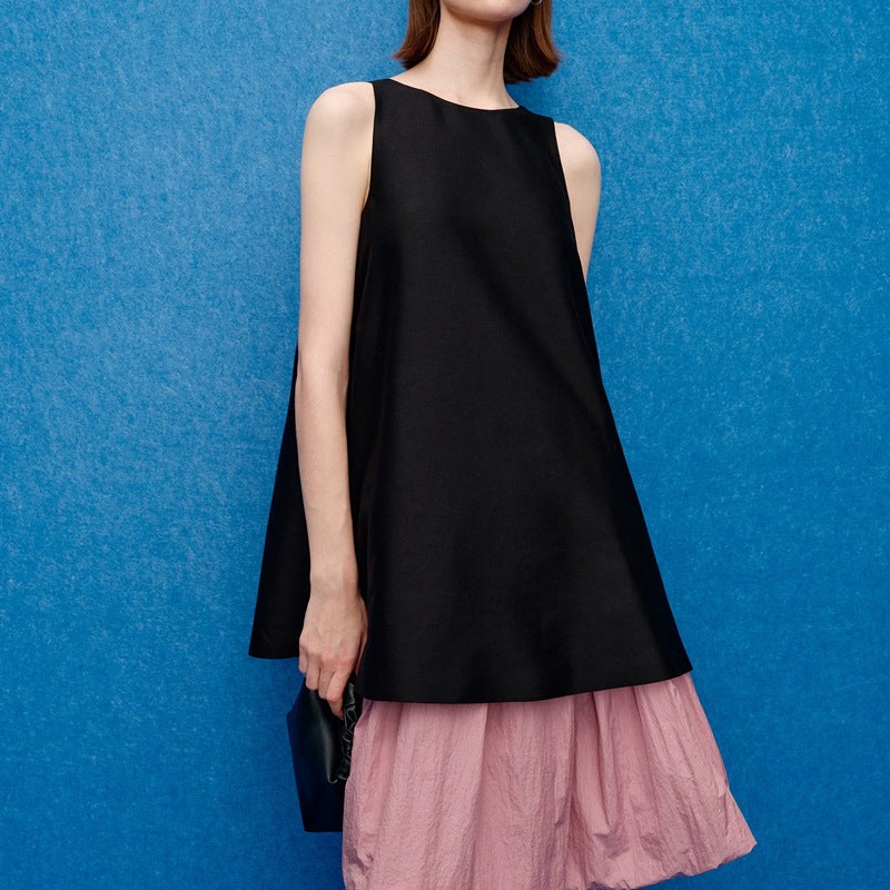 Black Satin Sleeveless Graduation Dress