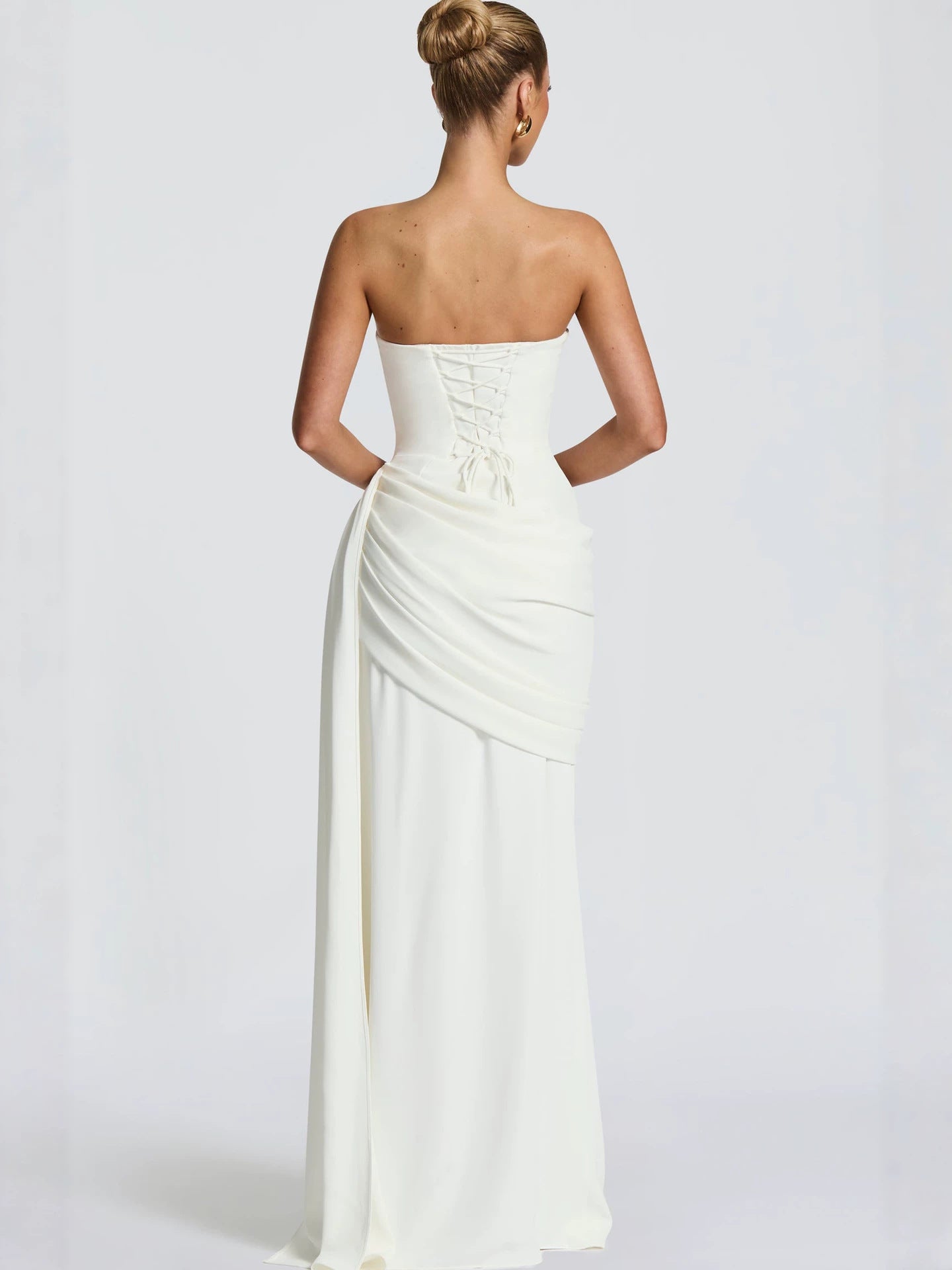 White Strapless Ruched Long Prom Dress