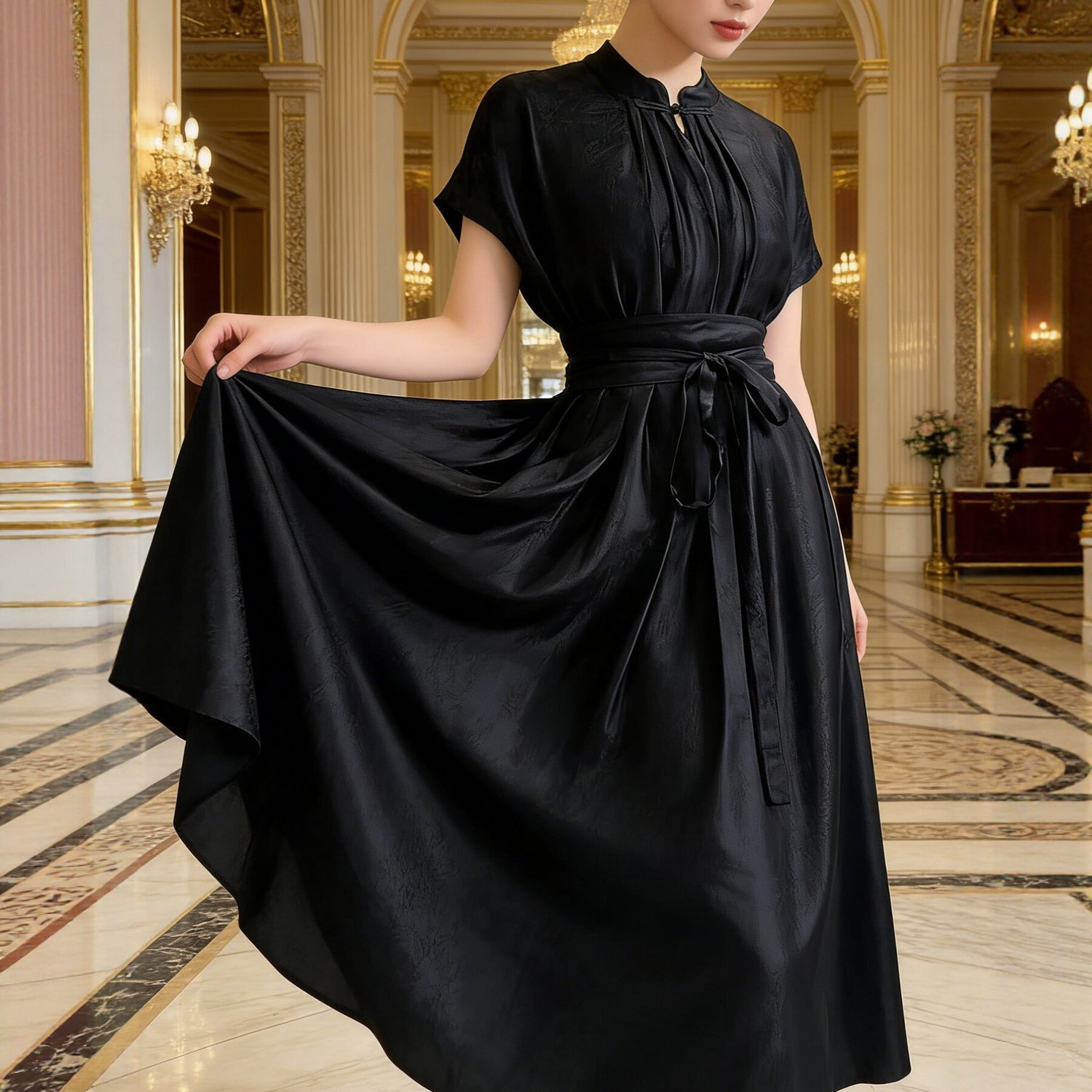 Black Satin Jacquard Plus Size Formal Dress