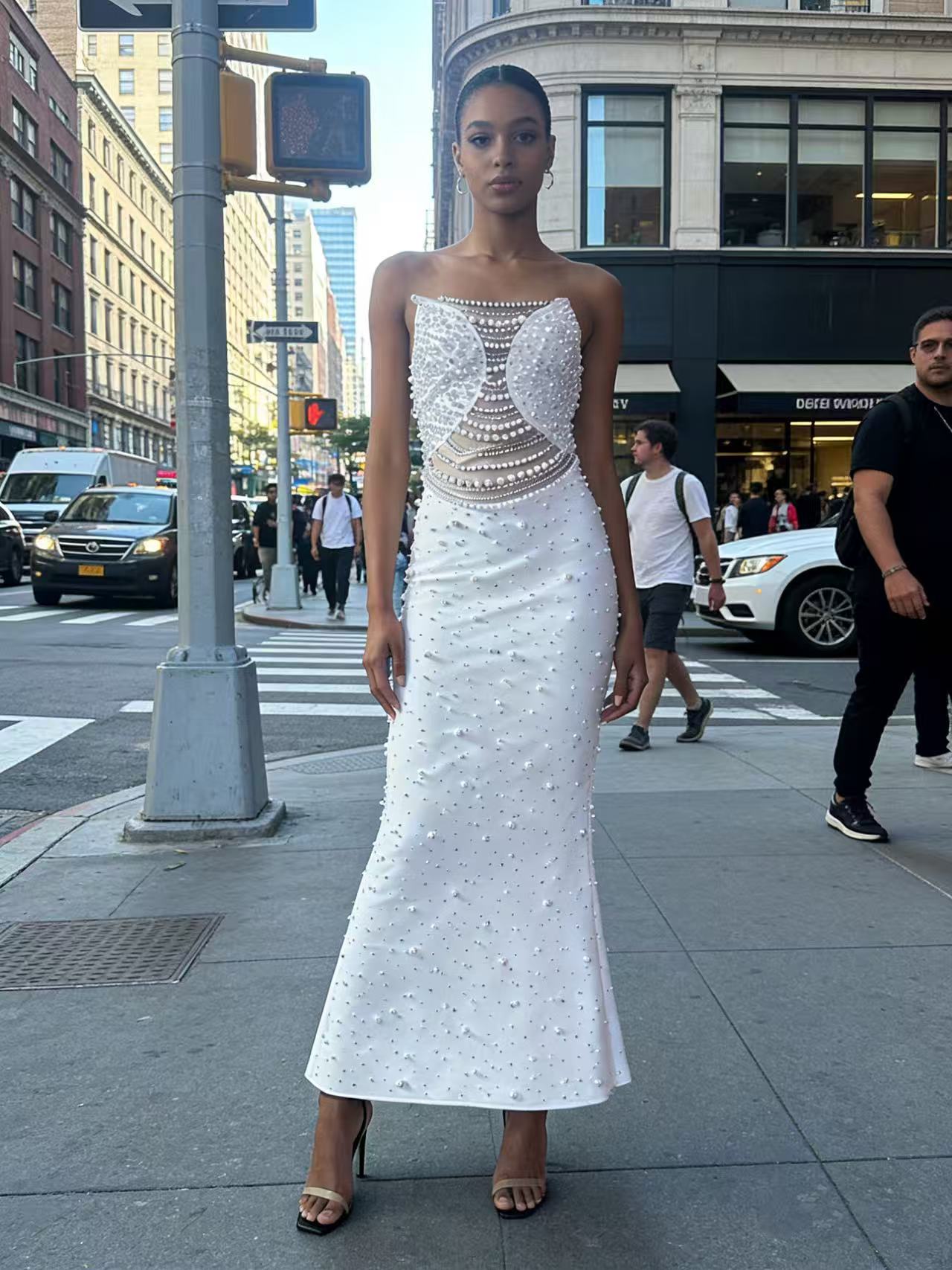 White Strapless Beaded Long Prom Dress