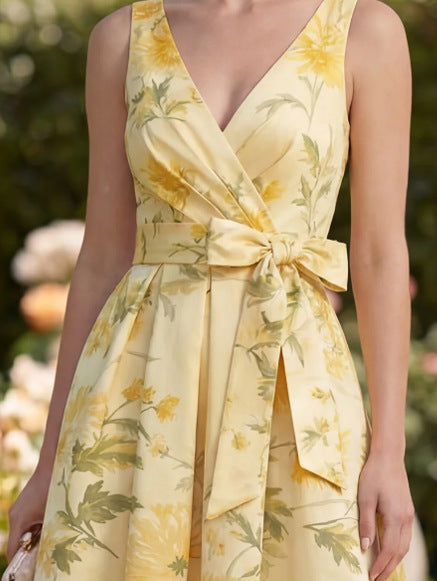 Yellow V-Neck Ruched Wedding Guest Dress