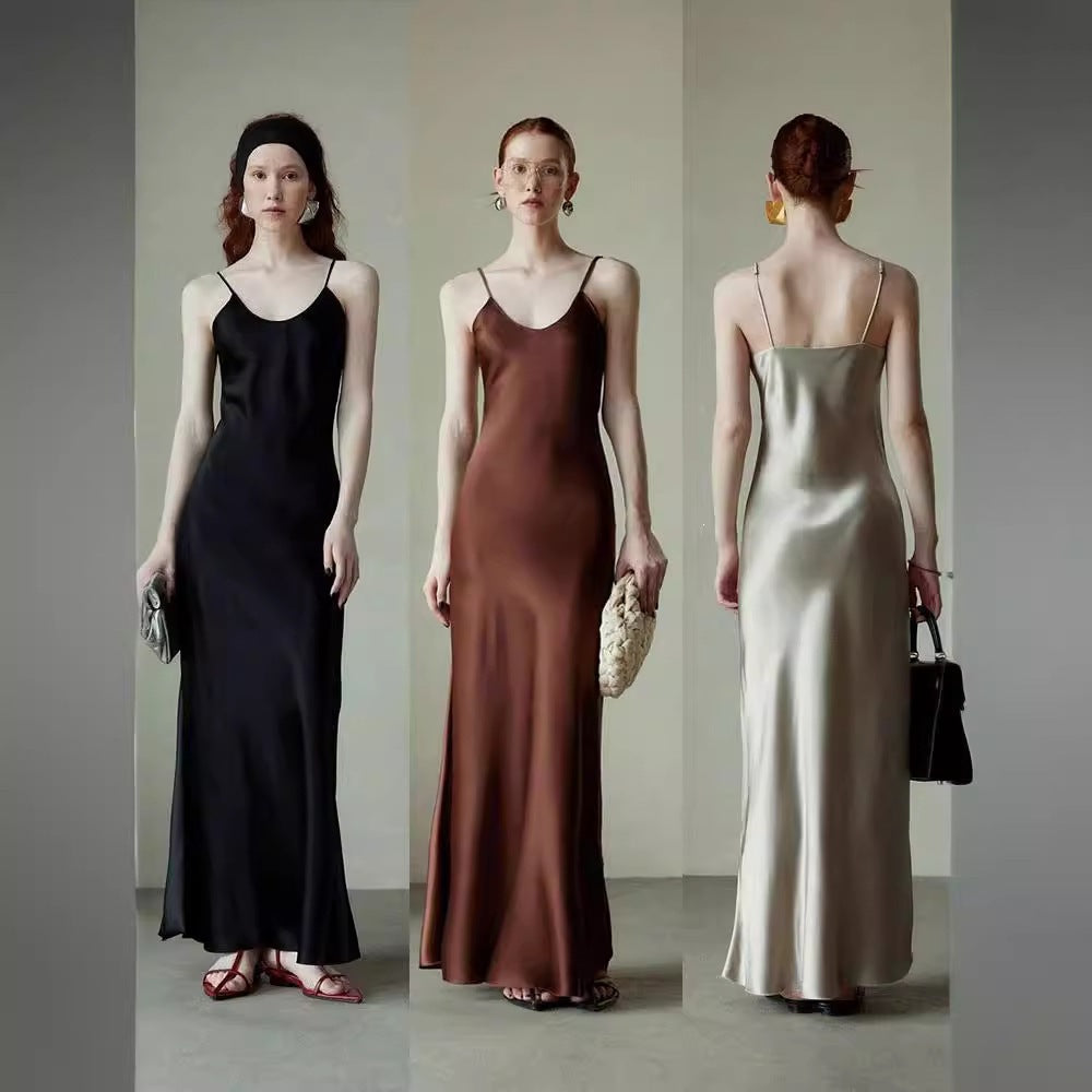 Black Satin Spaghetti Strap Wedding Guest Dress