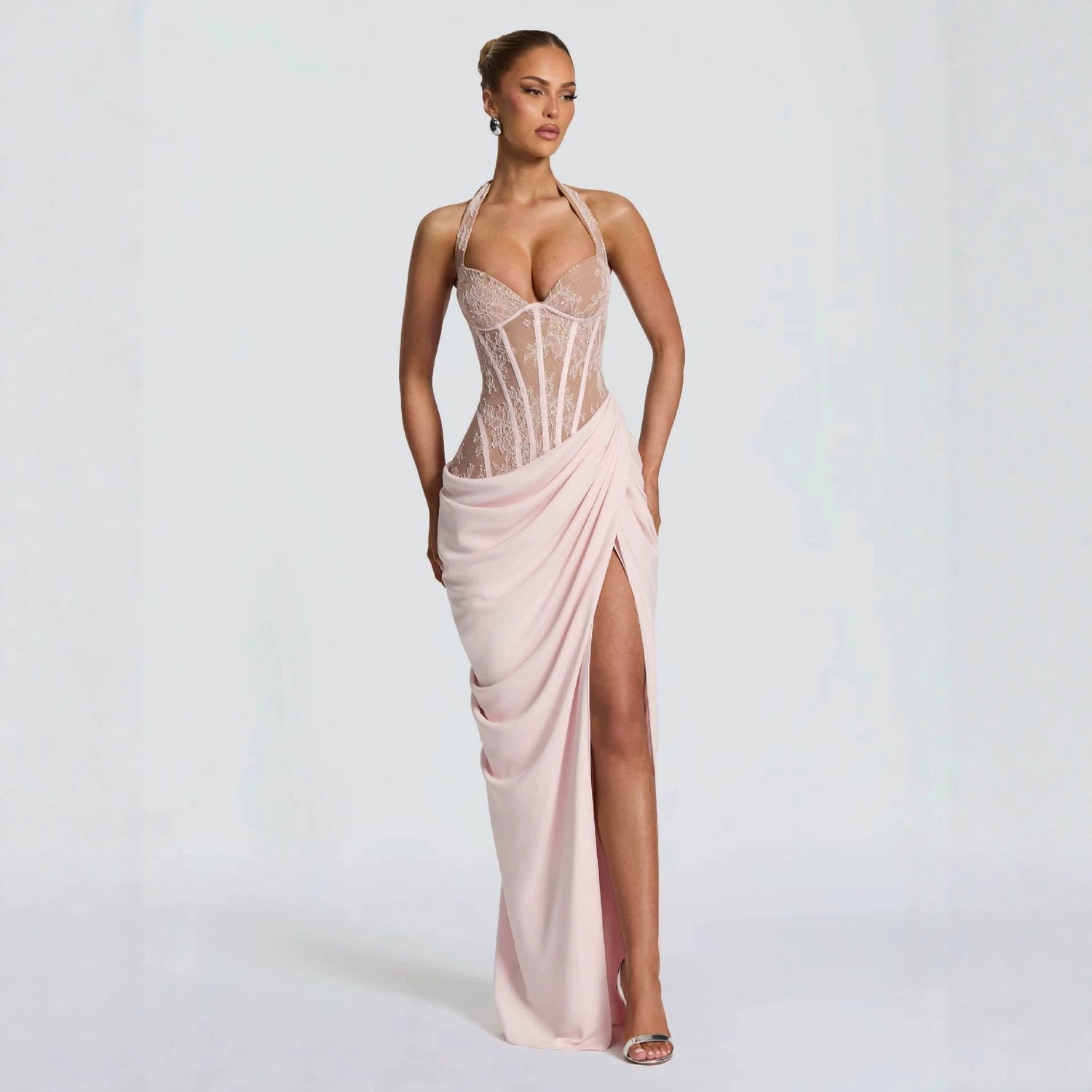 Burgundy Lace Halter Long Prom Dress