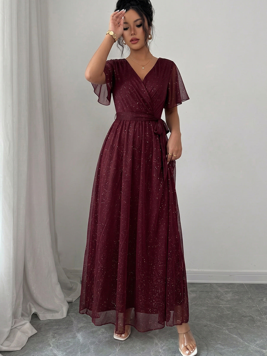 Burgundy V-Neck Wedding Guest Dress