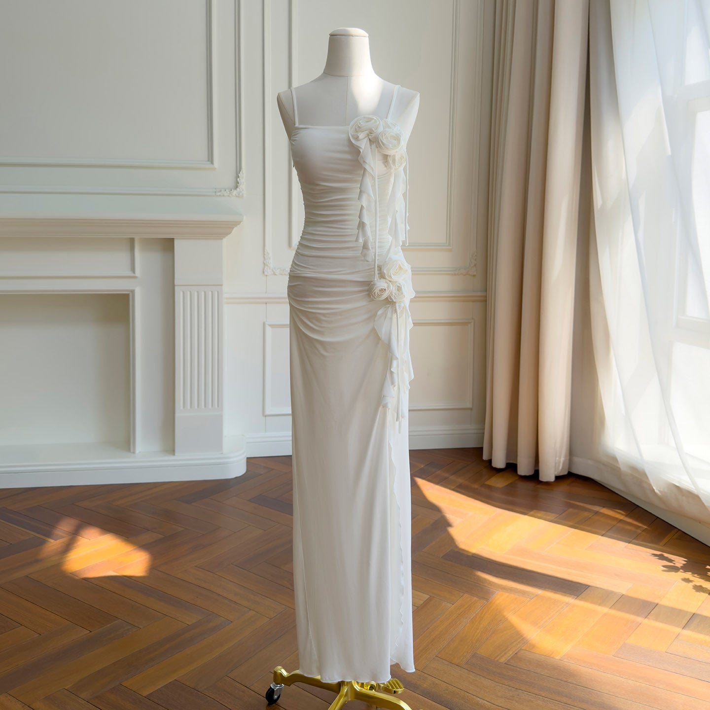 White Satin Spaghetti Strap Graduation Dress