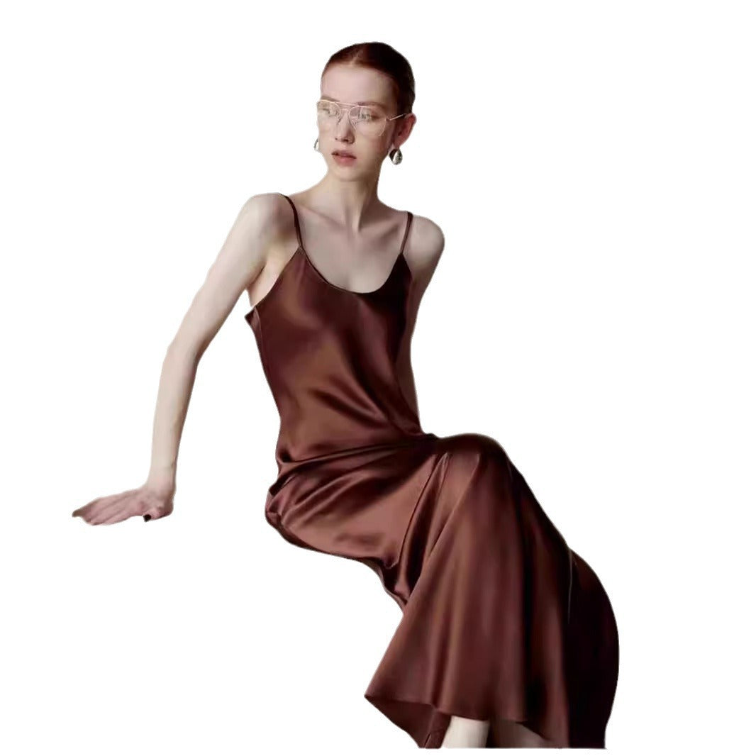 Black Satin Spaghetti Strap Wedding Guest Dress