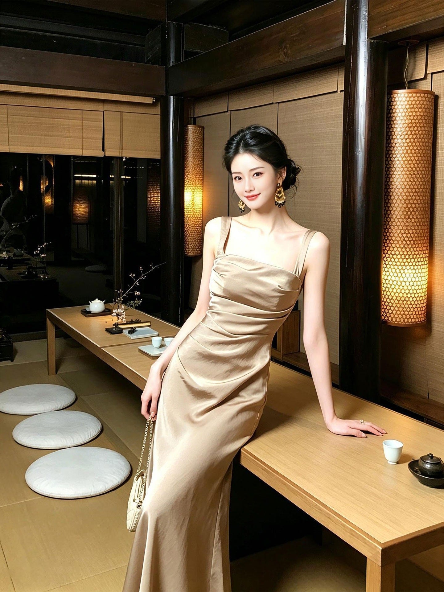 Champagne Satin Sleeveless Graduation Dress